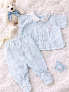 Feltman Bros Baby Boy Outfit 3M Blue Gingham Footed Set Peter Pan Collar